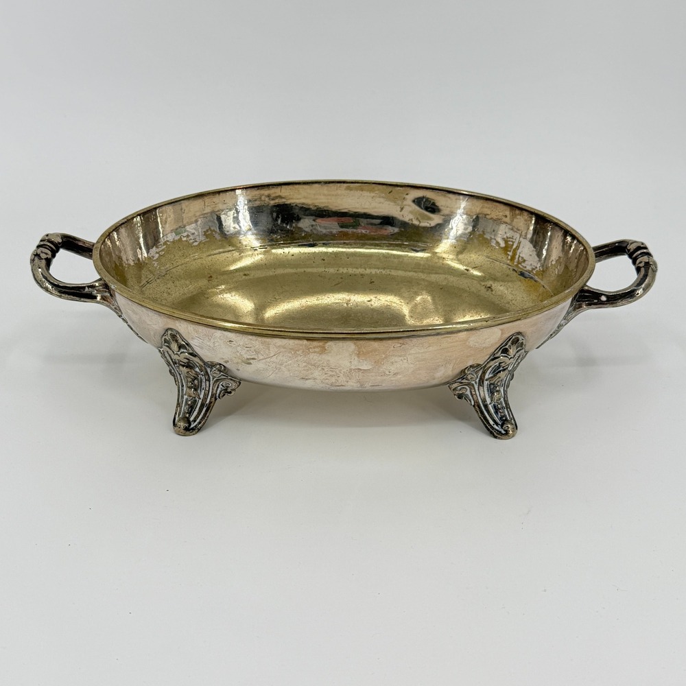 Vintage Silverplate Oval Serving Dish 11in Ornate Handles Gold Tone Interior